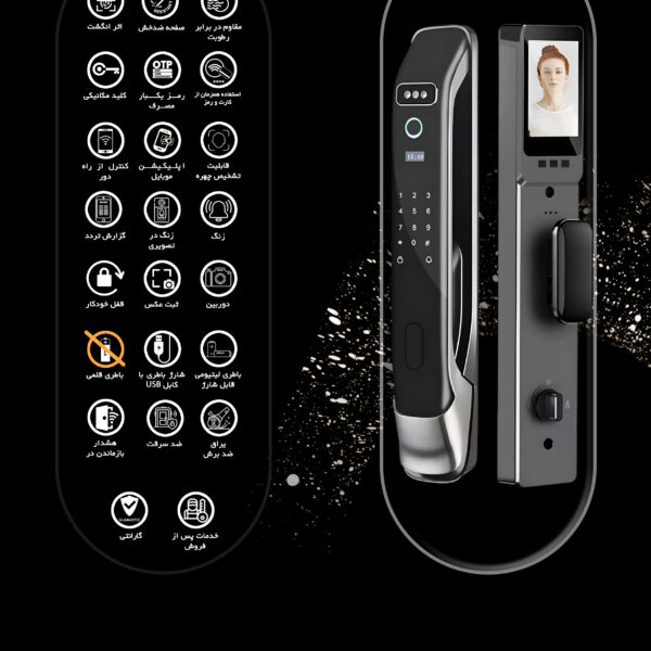 قفل هوشمند Moko Lock مدل EF300 Moko با نمایشگر و سنسور تشخیص اثر انگشت و طراحی مدرن مشکی و نقرهای" "تصویر ترکیبی از دسته فریم دار و پنل کاربری قفل دیجیتال با رابط کاربری و نمایشگر" "قفل امن بیومتریک moko ef300